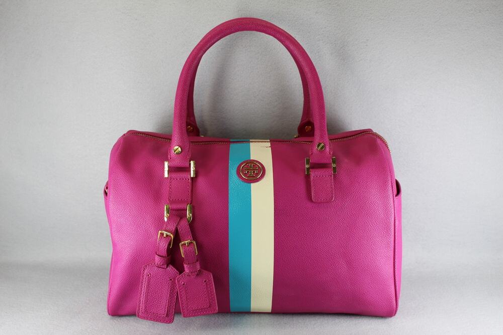 Tory Burch Pink Boston Satchel Stripe Bowler Handbag Womens